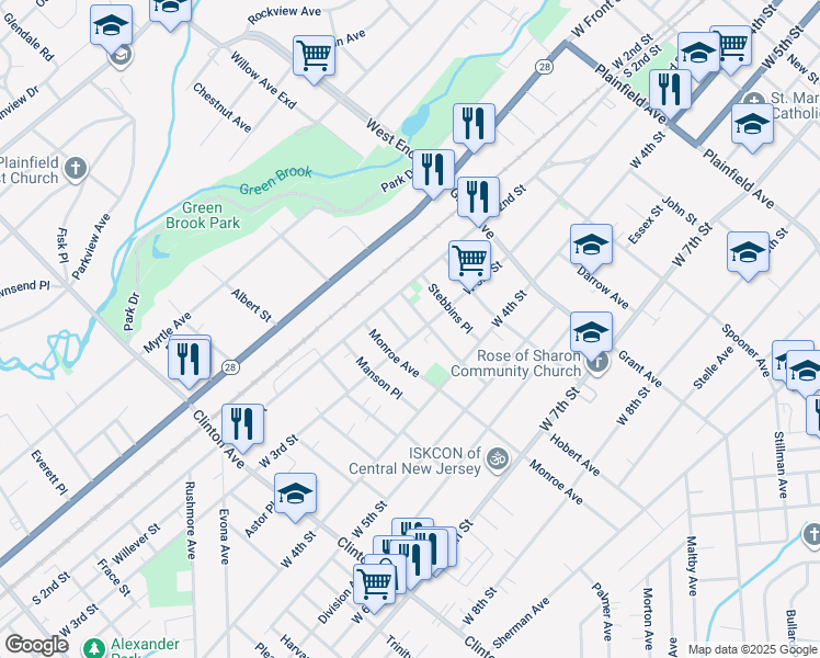 map of restaurants, bars, coffee shops, grocery stores, and more near 948 West 3rd Street in Plainfield