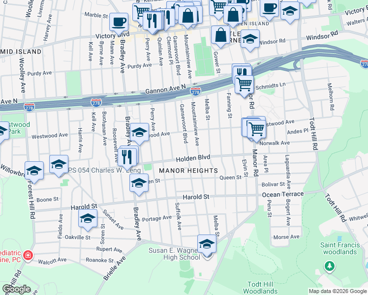 map of restaurants, bars, coffee shops, grocery stores, and more near 284 Gansevoort Boulevard in Staten Island