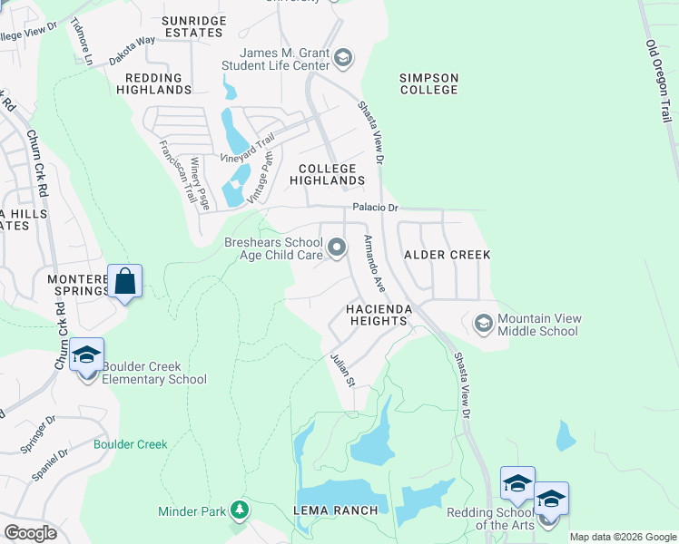 map of restaurants, bars, coffee shops, grocery stores, and more near 2097-2099 Maudray Way in Redding