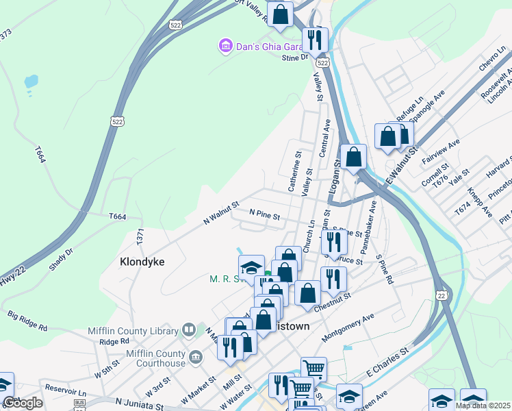 map of restaurants, bars, coffee shops, grocery stores, and more near 66 North Pine Street in Lewistown