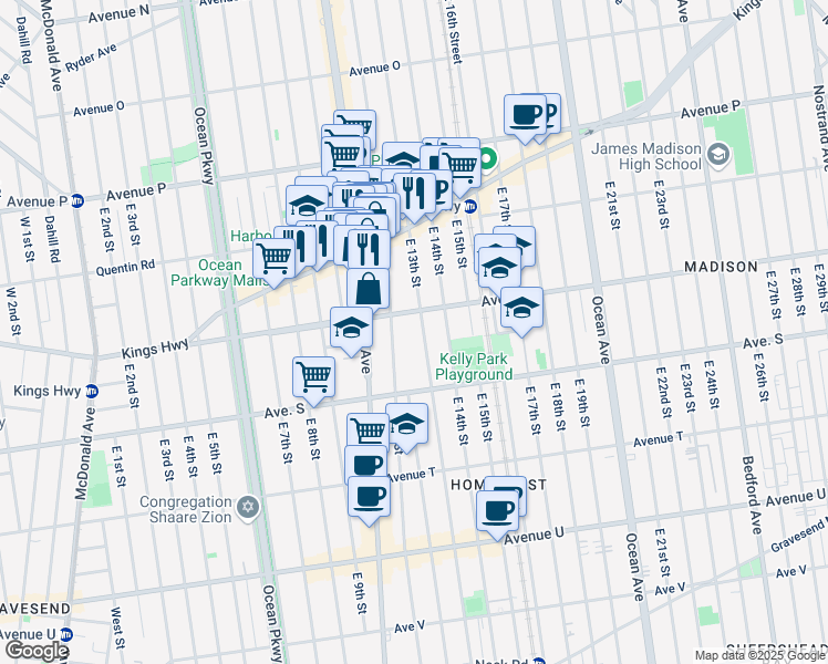 map of restaurants, bars, coffee shops, grocery stores, and more near 1820 East 13th Street in Brooklyn