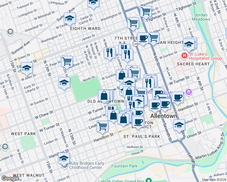 map of restaurants, bars, coffee shops, grocery stores, and more near 928 West Chew Street in Allentown