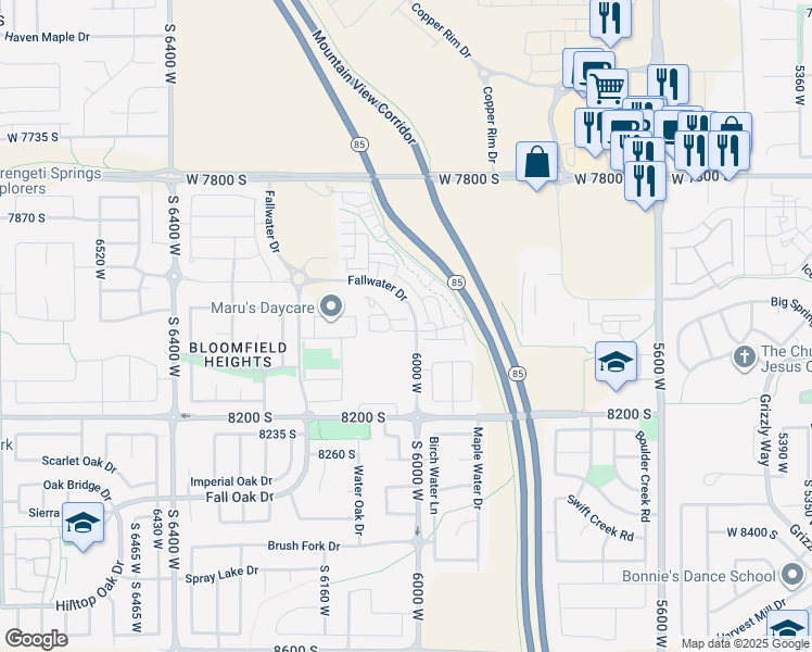 map of restaurants, bars, coffee shops, grocery stores, and more near 6006 Highlandbrook Drive in West Jordan