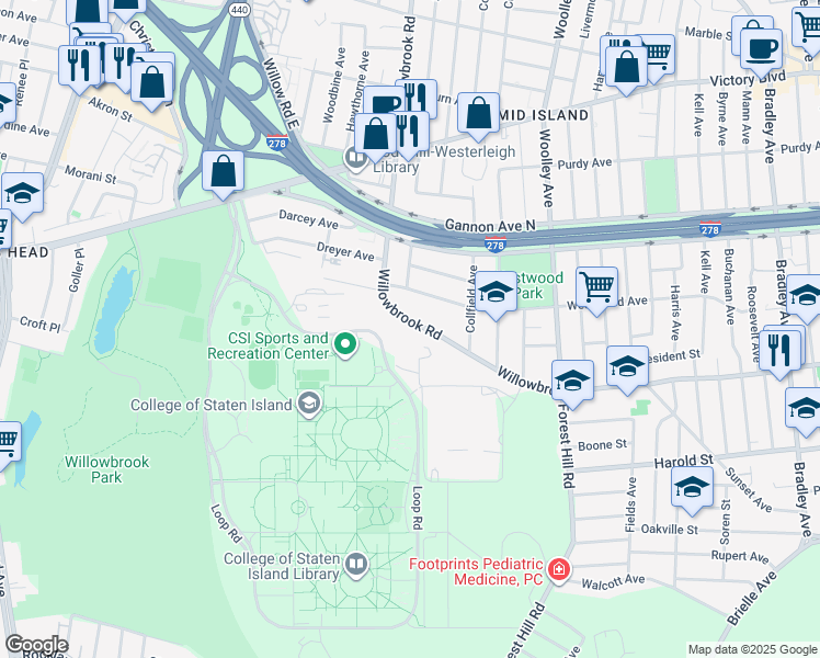 map of restaurants, bars, coffee shops, grocery stores, and more near 802 Willowbrook Road in Staten Island