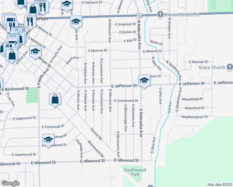 map of restaurants, bars, coffee shops, grocery stores, and more near 115 South Mississippi Avenue in Morton