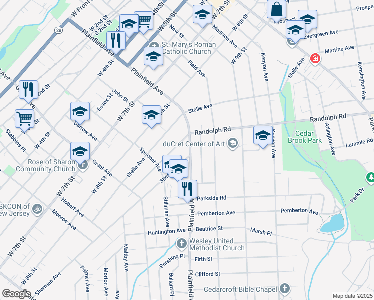 map of restaurants, bars, coffee shops, grocery stores, and more near 1020 Plainfield Avenue in Plainfield