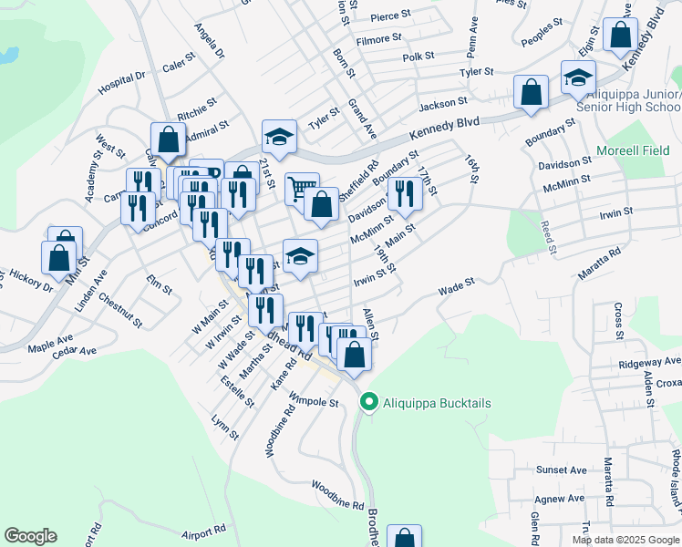 map of restaurants, bars, coffee shops, grocery stores, and more near 2001 Main Street in Aliquippa
