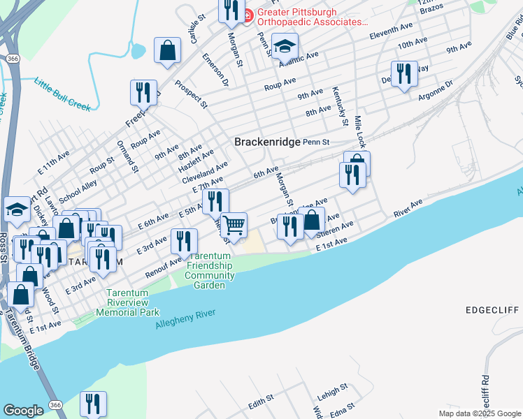 map of restaurants, bars, coffee shops, grocery stores, and more near 882 3rd Avenue in Brackenridge