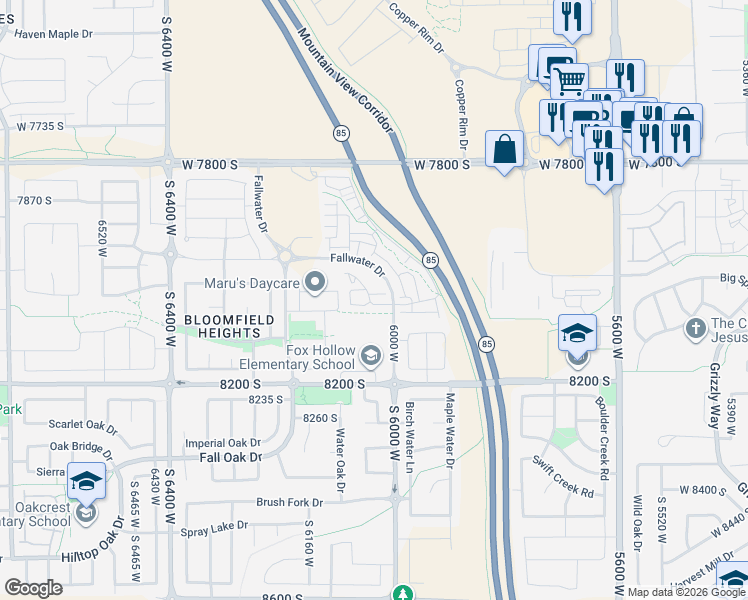 map of restaurants, bars, coffee shops, grocery stores, and more near 6028 Highlandbrook Drive in West Jordan
