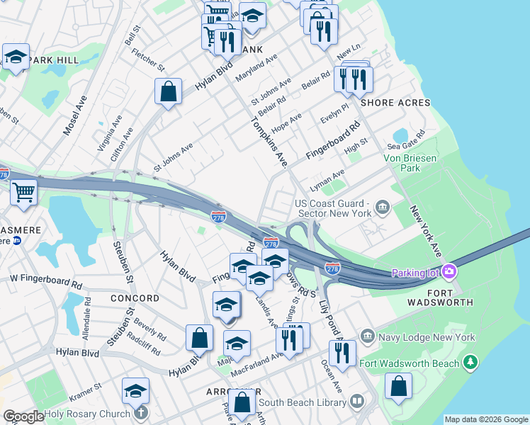map of restaurants, bars, coffee shops, grocery stores, and more near 254 Fingerboard Road in Staten Island