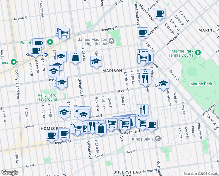 map of restaurants, bars, coffee shops, grocery stores, and more near 1875 East 24th Street in Brooklyn