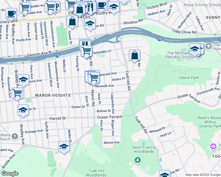 map of restaurants, bars, coffee shops, grocery stores, and more near 146 Laguardia Avenue in Staten Island