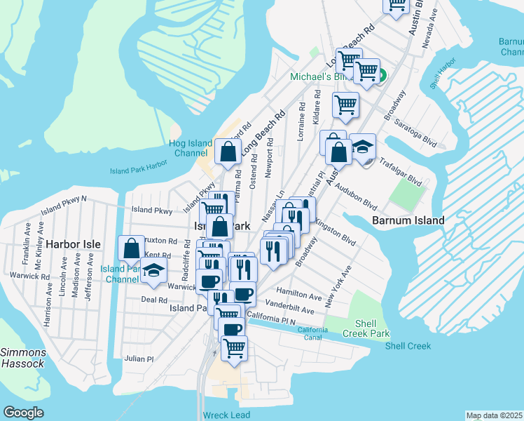 map of restaurants, bars, coffee shops, grocery stores, and more near 12 Newport Road in Island Park