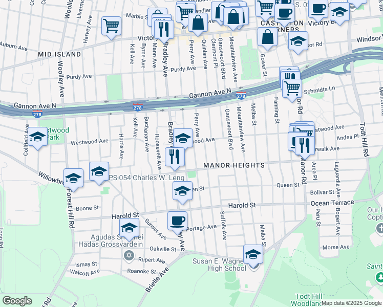map of restaurants, bars, coffee shops, grocery stores, and more near 28 Graves Street in Staten Island