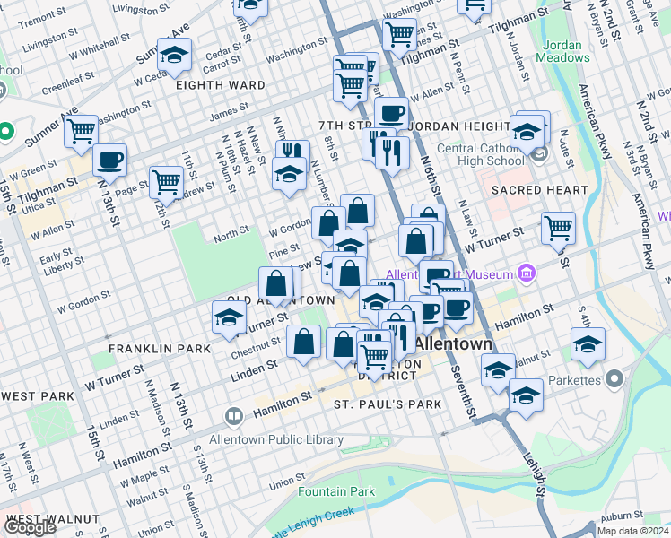 map of restaurants, bars, coffee shops, grocery stores, and more near 235 North Ninth Street in Allentown