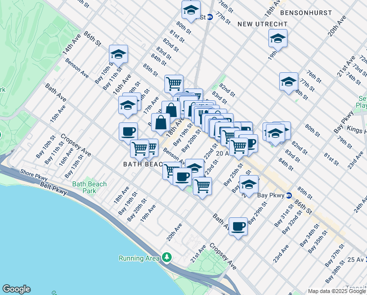 map of restaurants, bars, coffee shops, grocery stores, and more near 69 Bay 20th Street in Brooklyn
