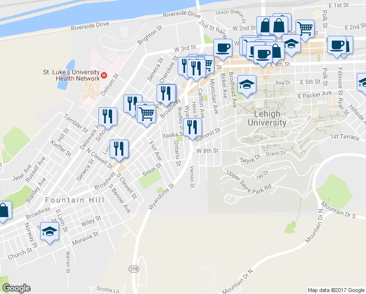 map of restaurants, bars, coffee shops, grocery stores, and more near 630 Bradley Street in Bethlehem