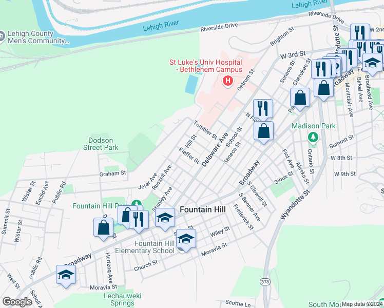 map of restaurants, bars, coffee shops, grocery stores, and more near 833 Kieffer Street in Fountain Hill