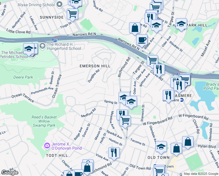 map of restaurants, bars, coffee shops, grocery stores, and more near 25 Wilsonview Place in Staten Island