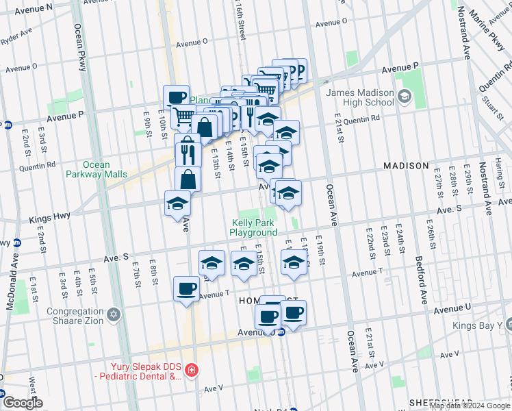 map of restaurants, bars, coffee shops, grocery stores, and more near 1835 East 15th Street in Brooklyn