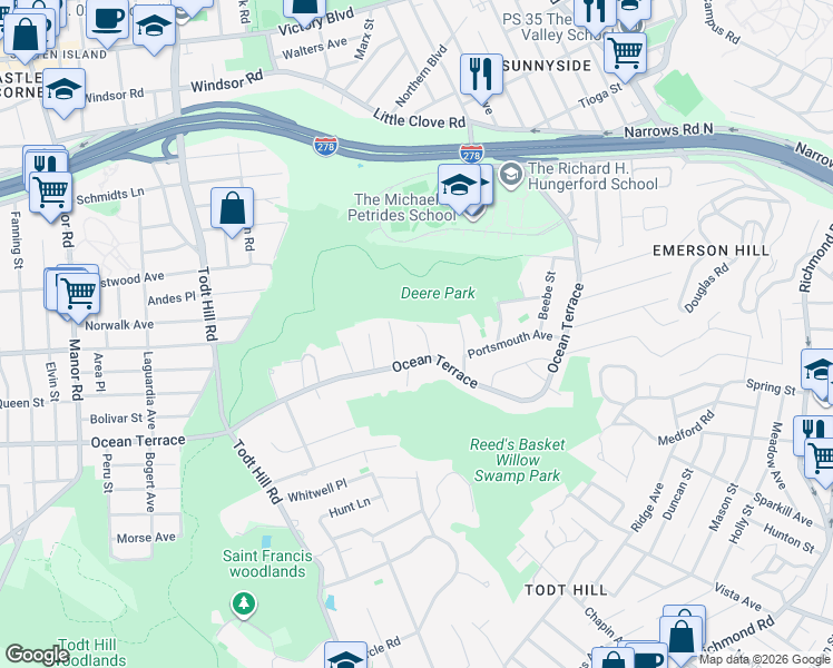 map of restaurants, bars, coffee shops, grocery stores, and more near 28 Tiber Place in Staten Island