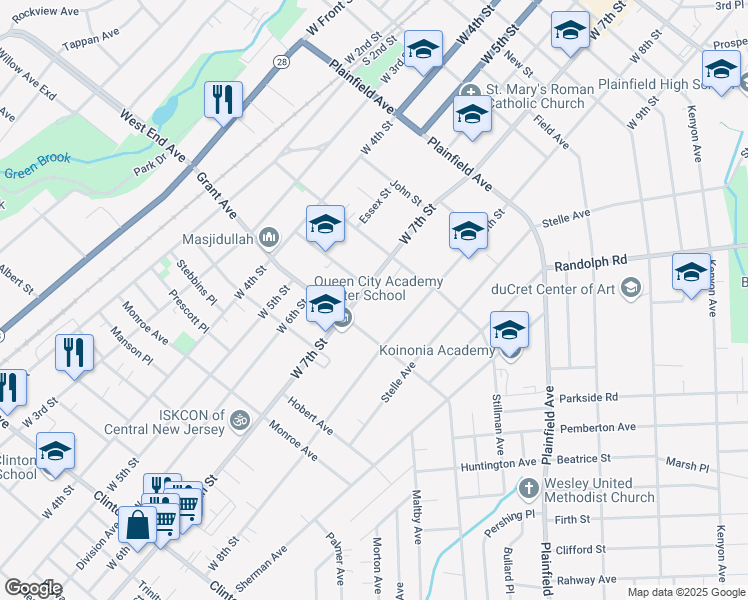 map of restaurants, bars, coffee shops, grocery stores, and more near 737 W 7th St in Plainfield