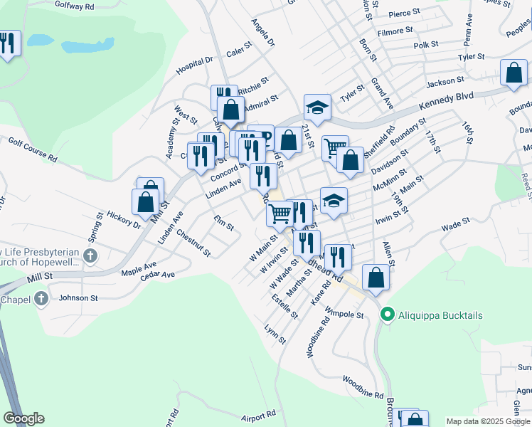 map of restaurants, bars, coffee shops, grocery stores, and more near 2665 Brodhead Road in Aliquippa