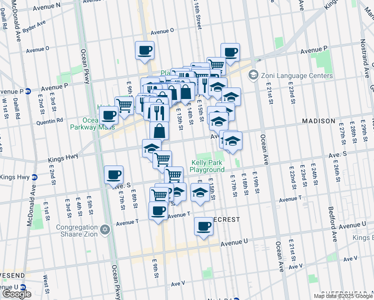 map of restaurants, bars, coffee shops, grocery stores, and more near 1823 East 13th Street in Brooklyn