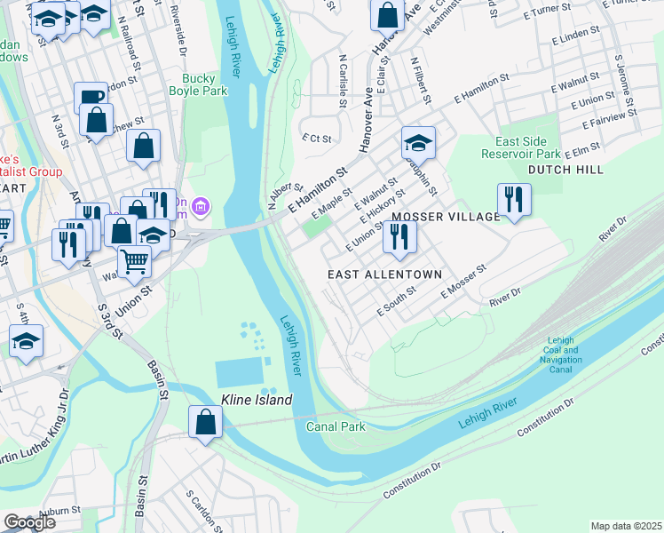 map of restaurants, bars, coffee shops, grocery stores, and more near 142 East Union Street in Allentown