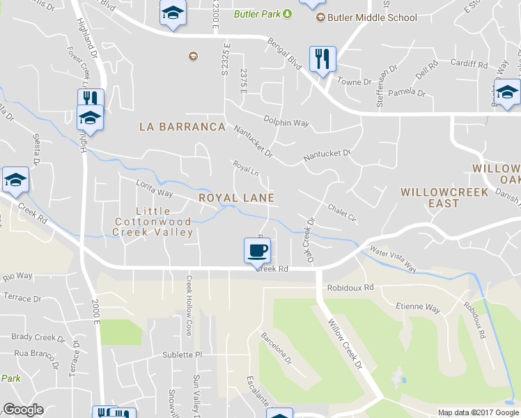 map of restaurants, bars, coffee shops, grocery stores, and more near 2408 Royal Lane in Cottonwood Heights