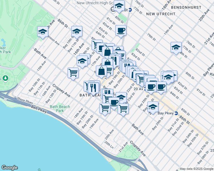 map of restaurants, bars, coffee shops, grocery stores, and more near 102 Bay 19th Street in Brooklyn