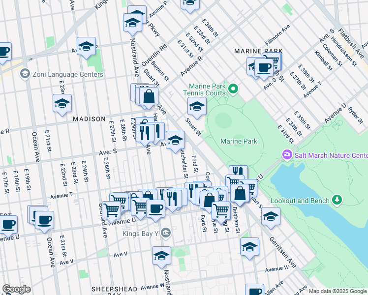 map of restaurants, bars, coffee shops, grocery stores, and more near 1915 Batchelder Street in Brooklyn