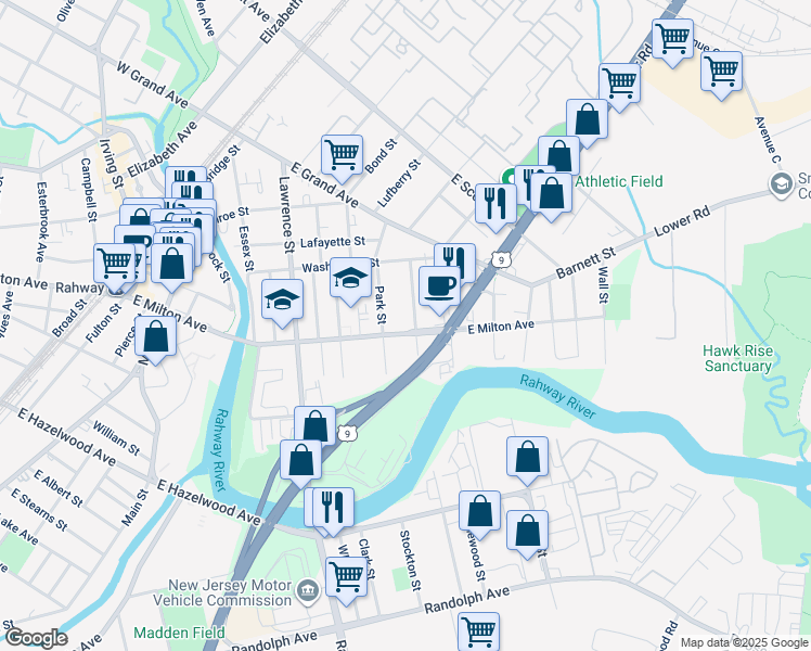 map of restaurants, bars, coffee shops, grocery stores, and more near 574 E Milton Ave in Rahway
