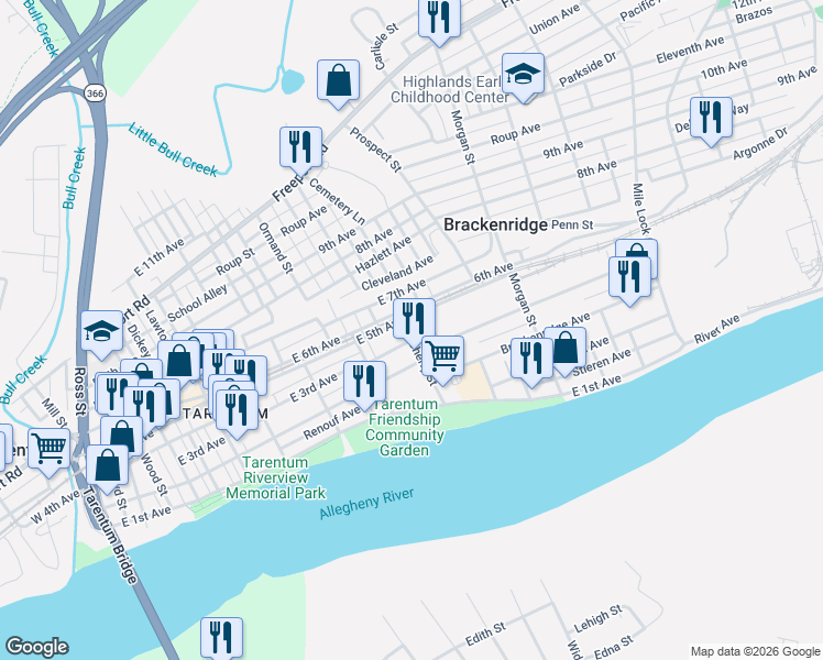 map of restaurants, bars, coffee shops, grocery stores, and more near 318 Cherry Street in Brackenridge