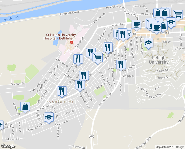 map of restaurants, bars, coffee shops, grocery stores, and more near 830 Broadway in Bethlehem