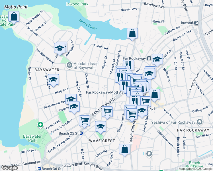 map of restaurants, bars, coffee shops, grocery stores, and more near 11-27 McBride Street in Queens