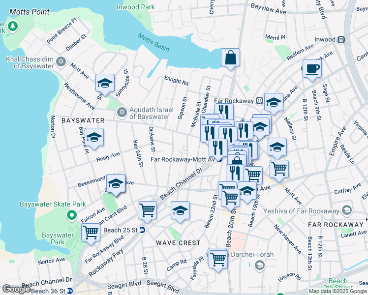map of restaurants, bars, coffee shops, grocery stores, and more near 11-27 McBride Street in Queens