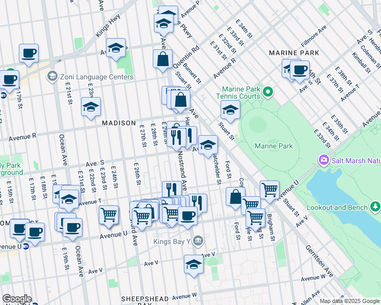 map of restaurants, bars, coffee shops, grocery stores, and more near 3245 Nostrand Avenue in Brooklyn