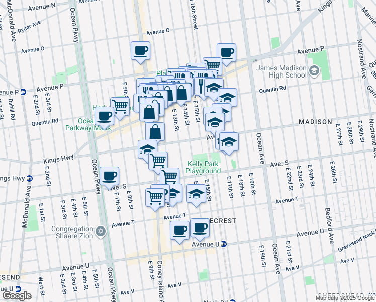 map of restaurants, bars, coffee shops, grocery stores, and more near 1825 East 13th Street in Brooklyn