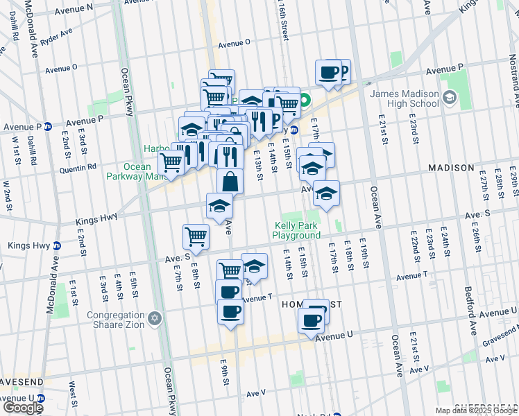 map of restaurants, bars, coffee shops, grocery stores, and more near 1815 East 12th Street in Brooklyn