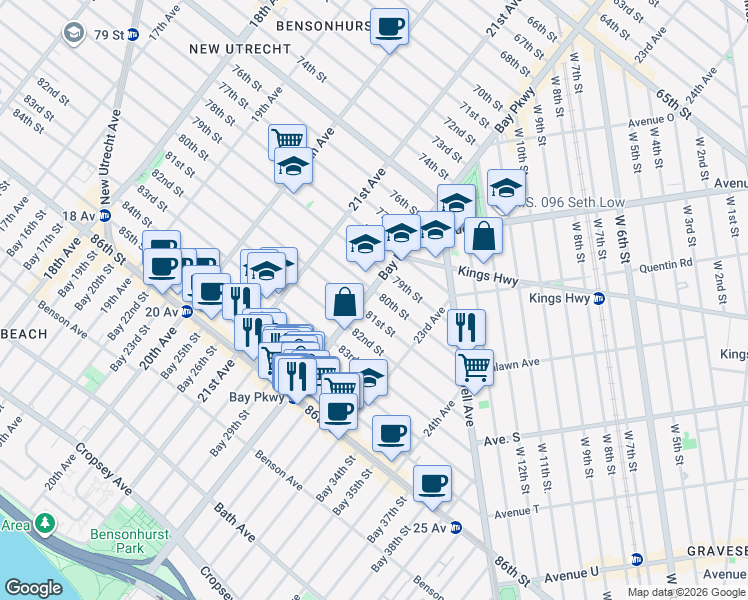 map of restaurants, bars, coffee shops, grocery stores, and more near 7913 Bay Parkway in Brooklyn