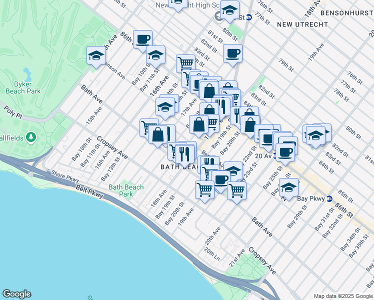 map of restaurants, bars, coffee shops, grocery stores, and more near 8730 18th Avenue in Brooklyn
