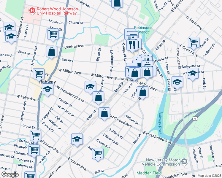 map of restaurants, bars, coffee shops, grocery stores, and more near 60 West Emerson Avenue in Rahway