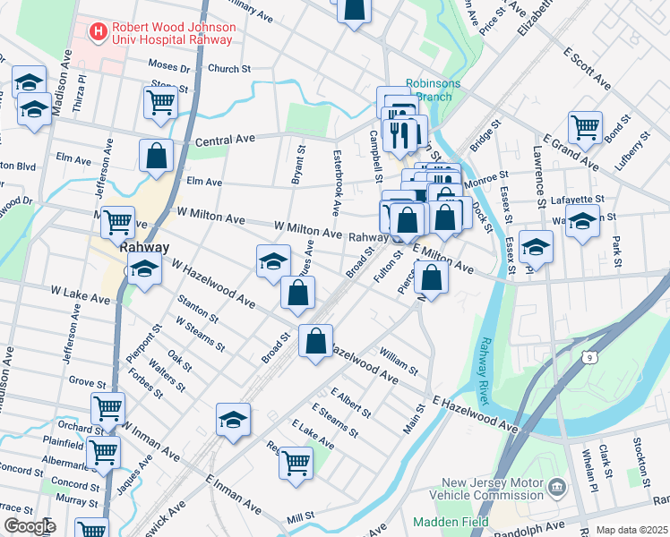 map of restaurants, bars, coffee shops, grocery stores, and more near 60 West Emerson Avenue in Rahway