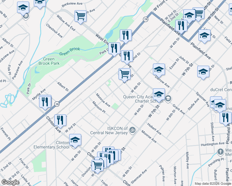 map of restaurants, bars, coffee shops, grocery stores, and more near 927 West 3rd Street in Plainfield