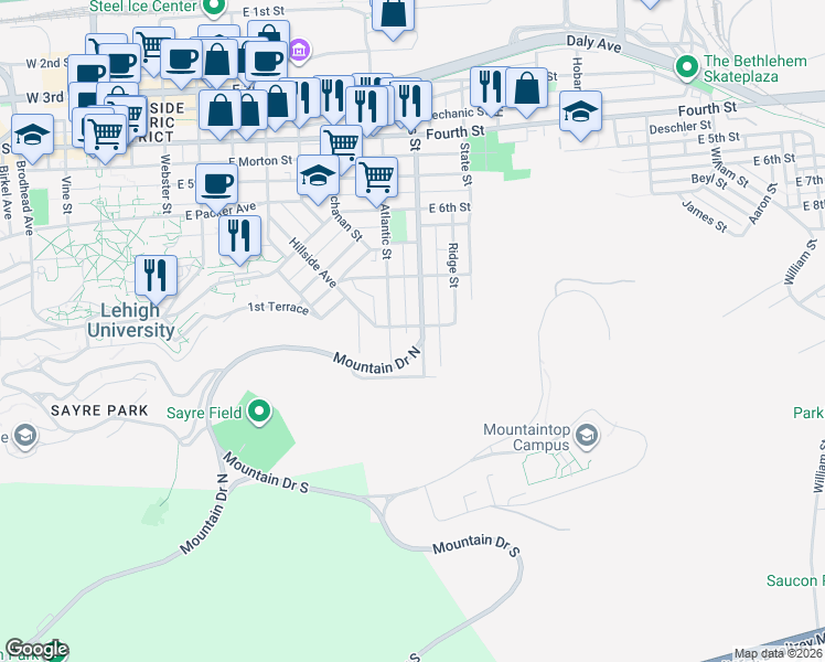map of restaurants, bars, coffee shops, grocery stores, and more near 804 Hayes Street in Bethlehem