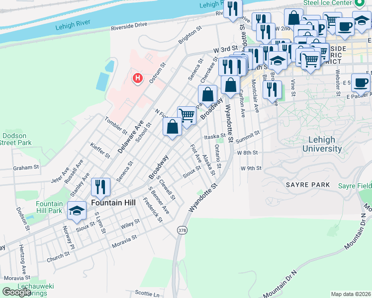 map of restaurants, bars, coffee shops, grocery stores, and more near 608 Fiot Avenue in Bethlehem