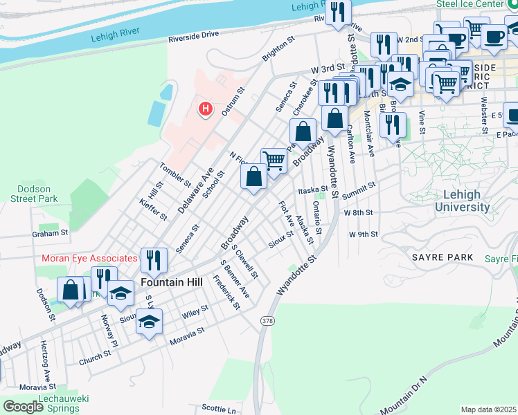 map of restaurants, bars, coffee shops, grocery stores, and more near 830 Broadway in Bethlehem