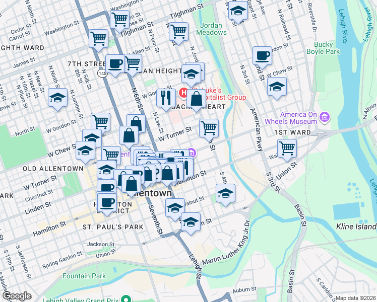 map of restaurants, bars, coffee shops, grocery stores, and more near 453 Linden Street in Allentown