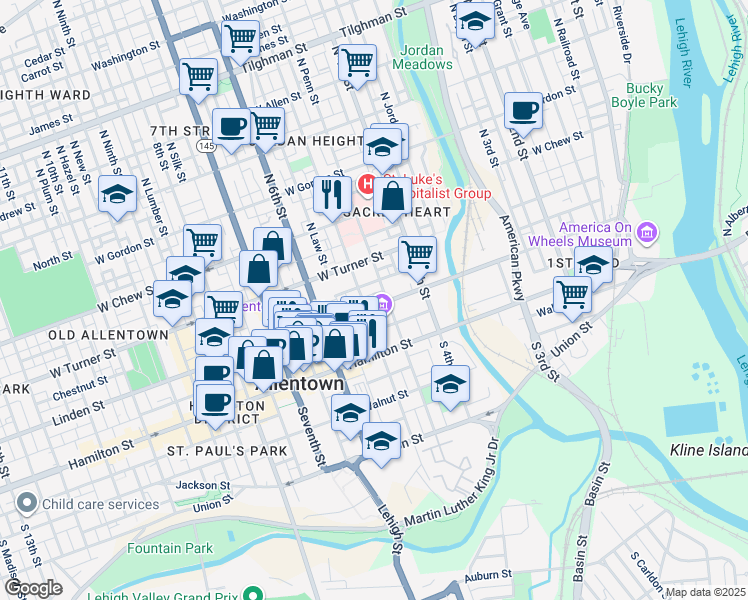 map of restaurants, bars, coffee shops, grocery stores, and more near 453 Linden Street in Allentown